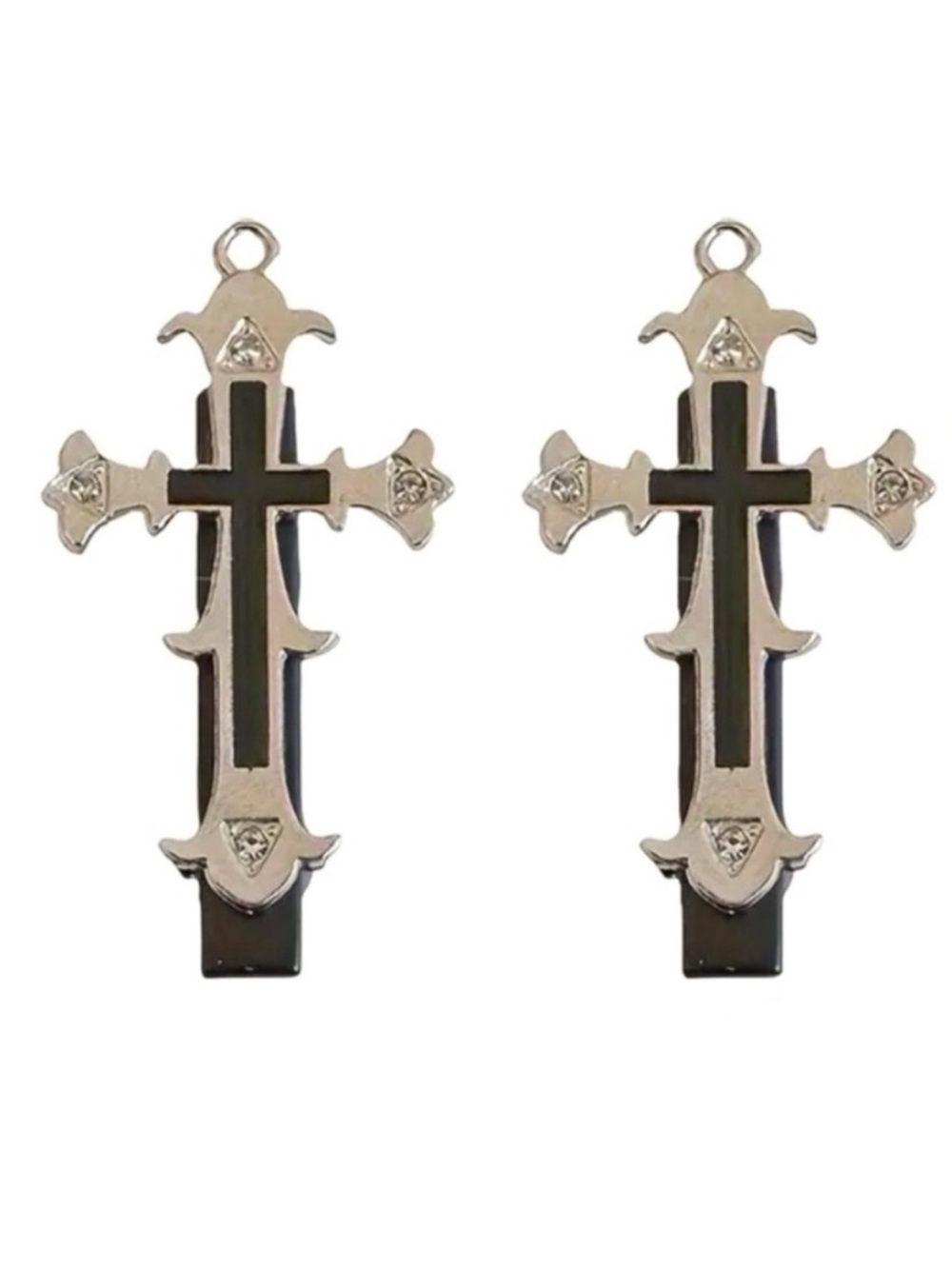 Gothic Cross Hair Clips Black Silver Barrette Goth Punk Grunge 2 Piece Set